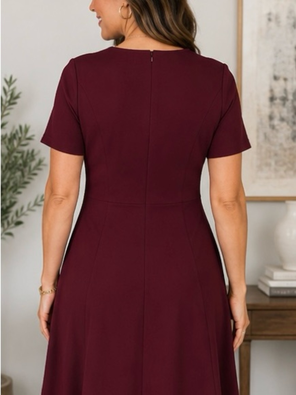 Banana Republic Wine Burgundy Midi Dress with Short Sleeves Size XL A-Line Caree - Picture 2 of 5